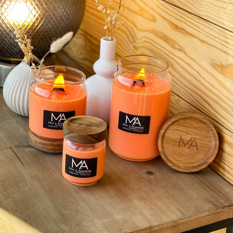 Bougies parfumées, Ambiance tropicale, Naturelle, Française, Artisanale, Cire de Soja, Mèche en Bois, Luxe, Parfum, Déco, Décoration Maison, Haute gamme,